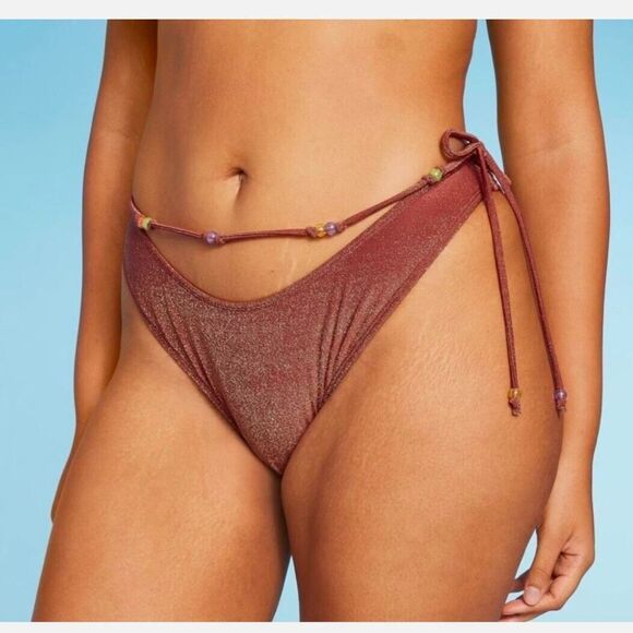 *NWT Wild Fable XS (0-2) Brown Lurex Sparkly Beaded Bikini Swim Bottom - Picture 1 of 9